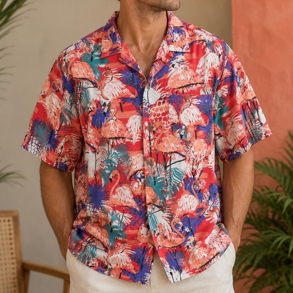 Caribbean Flamingo Hawaiian Shirt Men's XL Rayon Tropical Resort Camp Button‎ Up